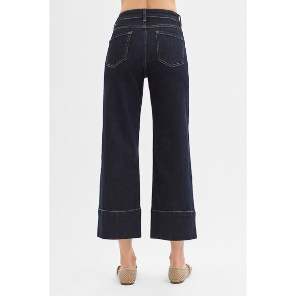 RISEN Tummy Control High Rise Seam Detail Solid Dark Crop Wide Leg Denim Jeans - Picture 3 of 7